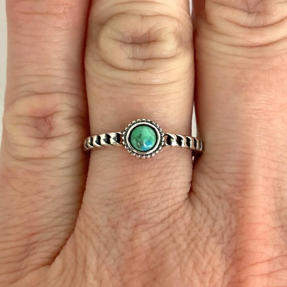 Sterling Silver 925 Dainty Minimalist Round Turquoise Twisted Band Ring Sz 7.25